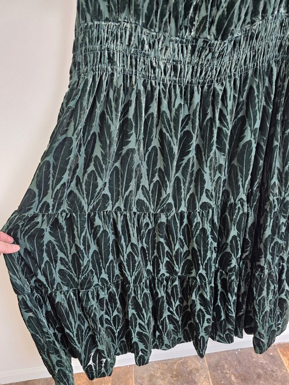 Anthropologie Summerset Velvet Burnout Feather Print Maxi Tiered Dress - Picture 4 of 10